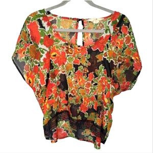 Black Poppy Floral Sheer Keyhole Top Size Medium